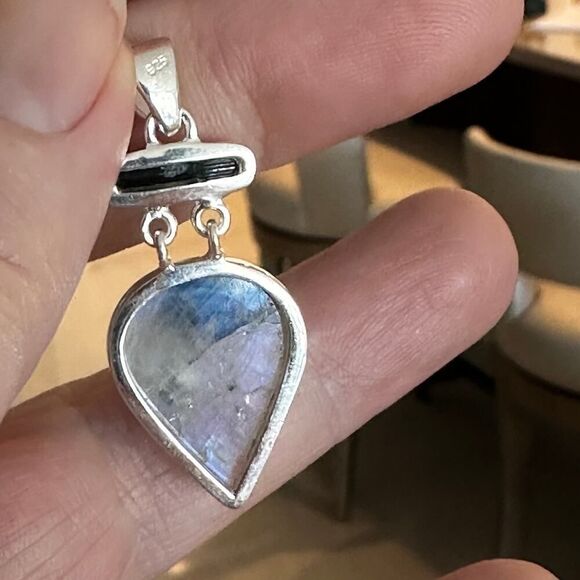 Natural Black Tourmaline In Rainbow Moonstone Sterling Silver Pendant - Picture 9 of 13